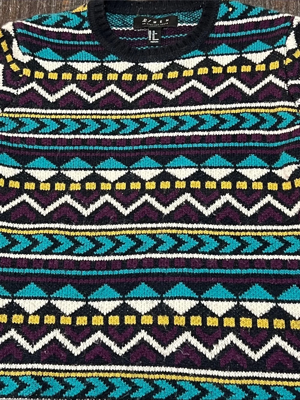 Vintage 90’s Crewneck Fair Isle Sweater in Black with Teal & Yellow Accents